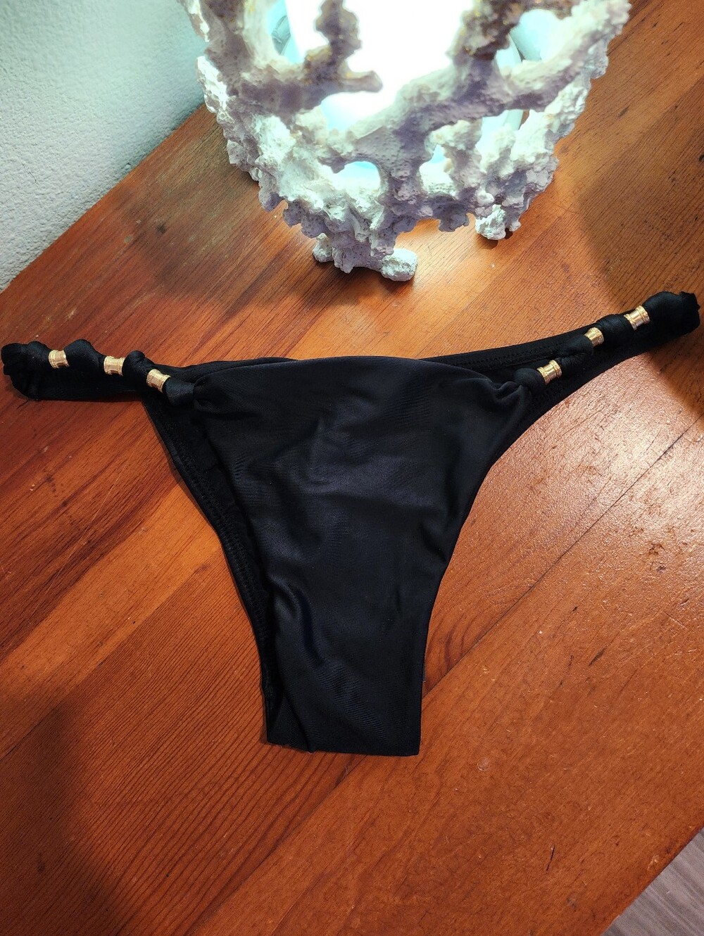NEW VIX PAULA HERMANNY SZ S Black Bikini Bottom with Gold Accent Rings